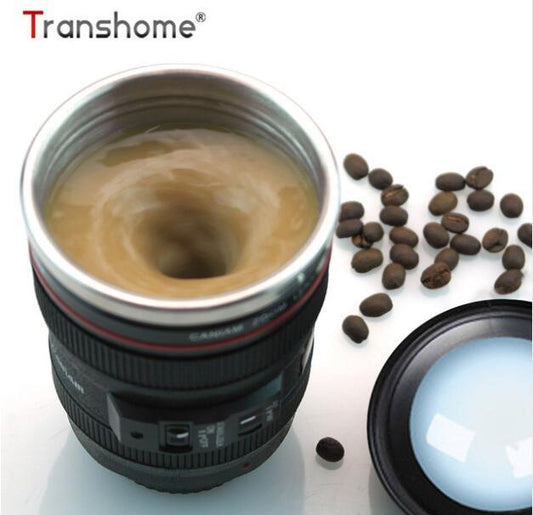 Transhome Self-Stirring Camera Lens Mug | 300ml Stainless Steel Travel Coffee Cup